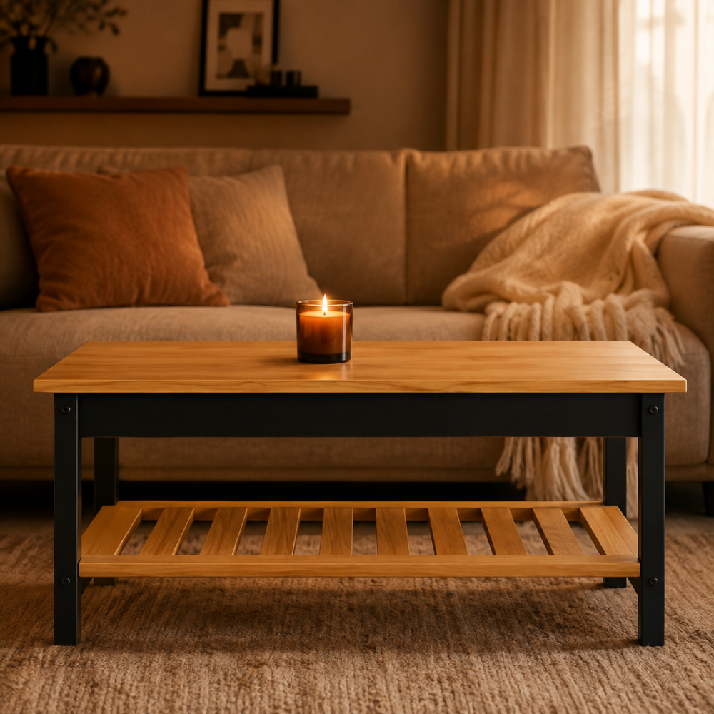 Table basse en bois de pin massif noir avec rangement