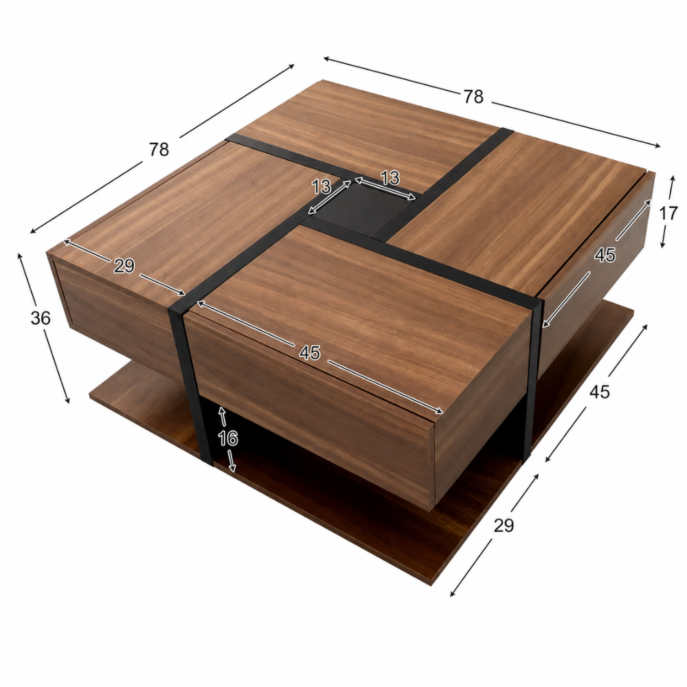 Table basse bois carrée — 4 tiroirs coulissants et design géométrique