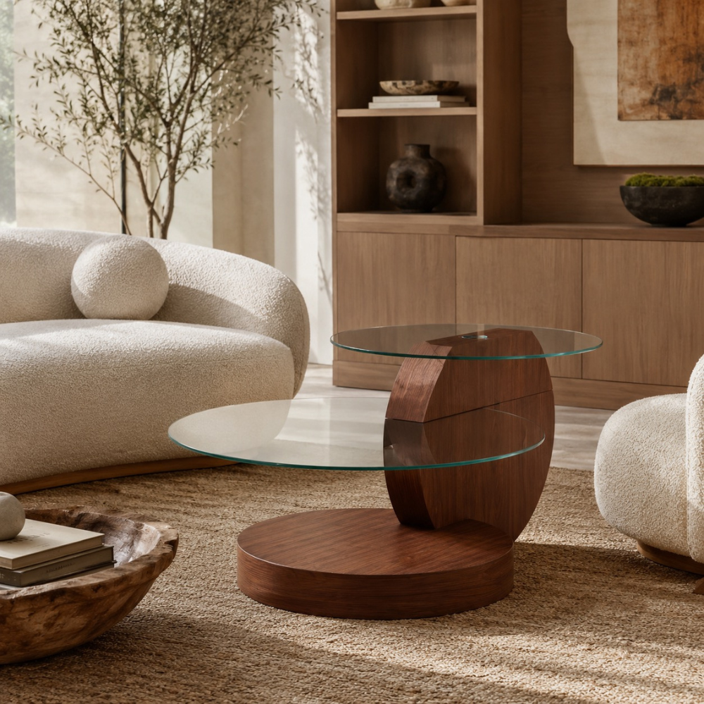 Table basse en verre et bois — 2 plateaux ronds en verre trempé