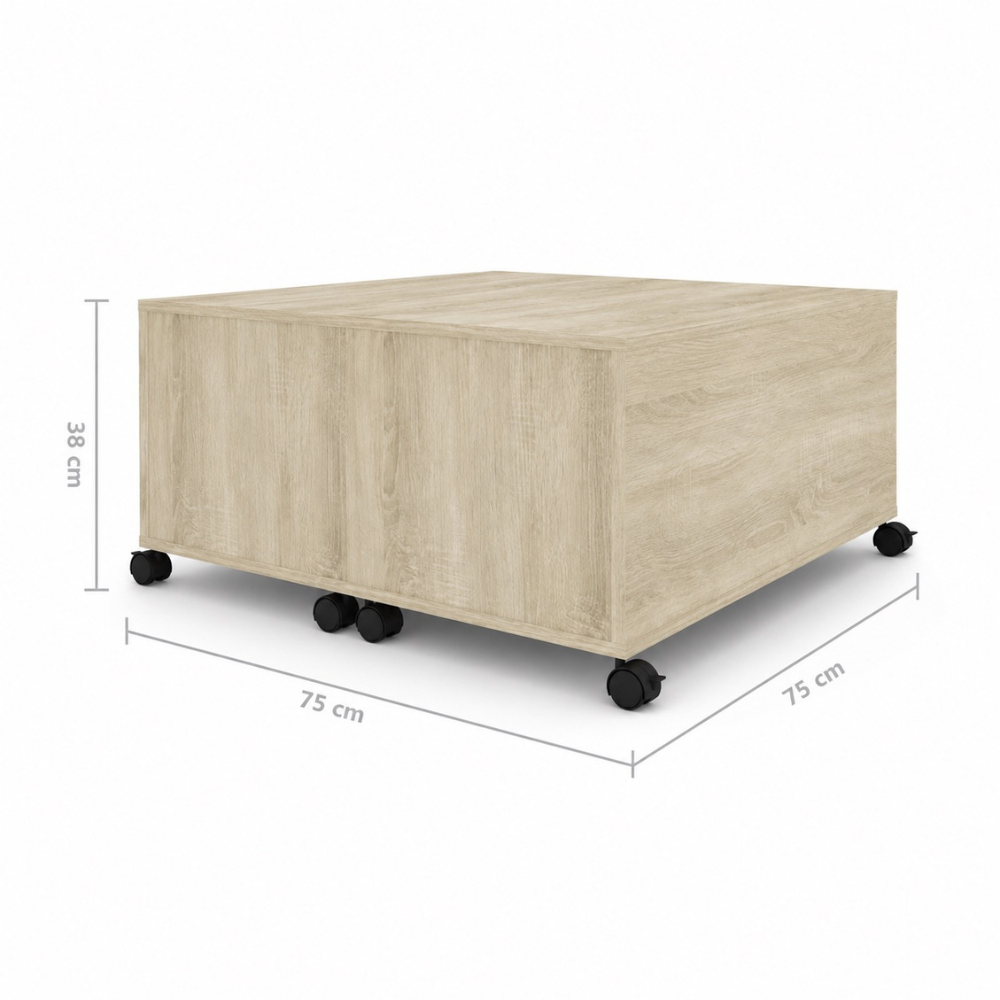 Table basse bois carrée chêne Sonoma — roulettes et rangement 75 cm