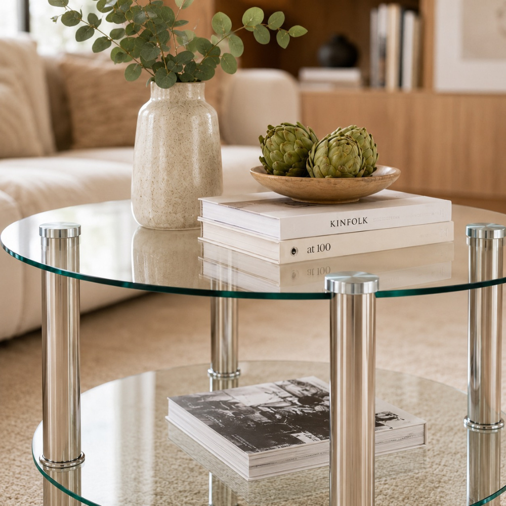 Table basse en verre ronde — 2 niveaux et pieds métal argenté