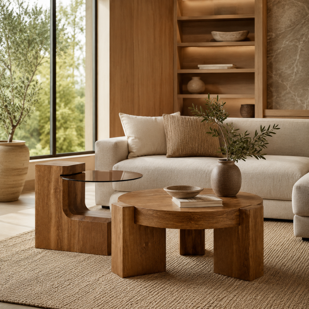 Table basse en verre et bois — ensemble modulable 2 tables, design rond