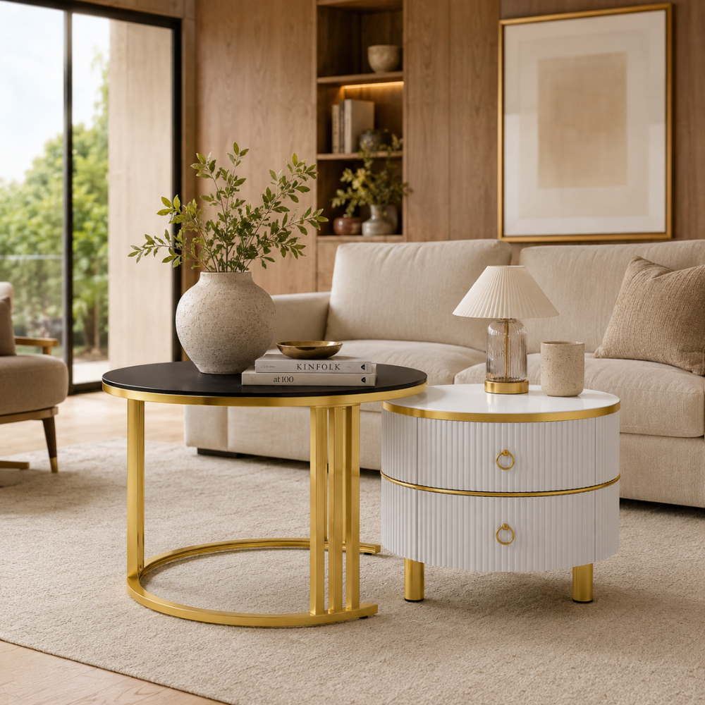 Table basse gigogne en verre trempé ronde 2-en-1 à tiroirs