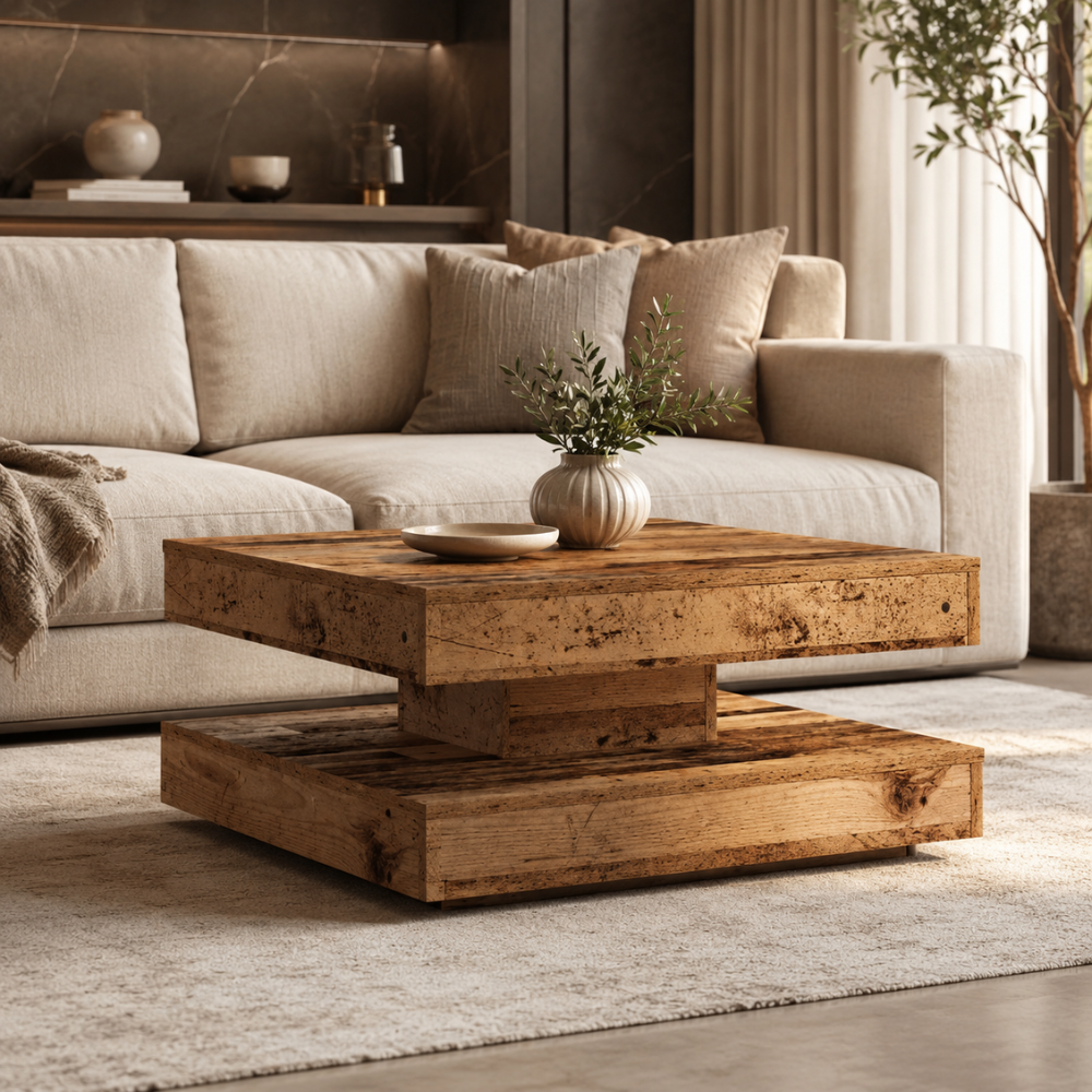 Table basse bois vieilli — plateau rotatif 360 degrés, 70 x 70 cm
