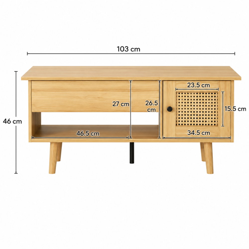 Table basse bois plateau relevable — porte rotin et accents noirs