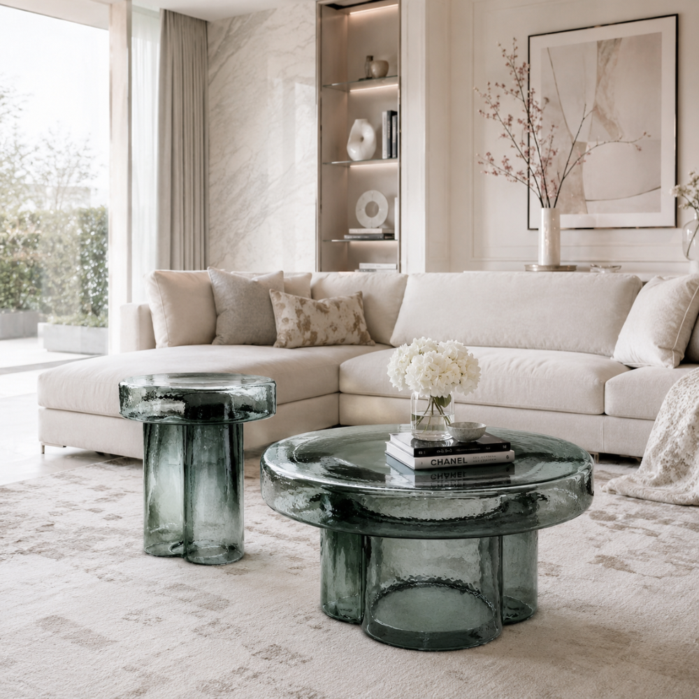 Table basse en verre ronde faite main — design nordique coloré