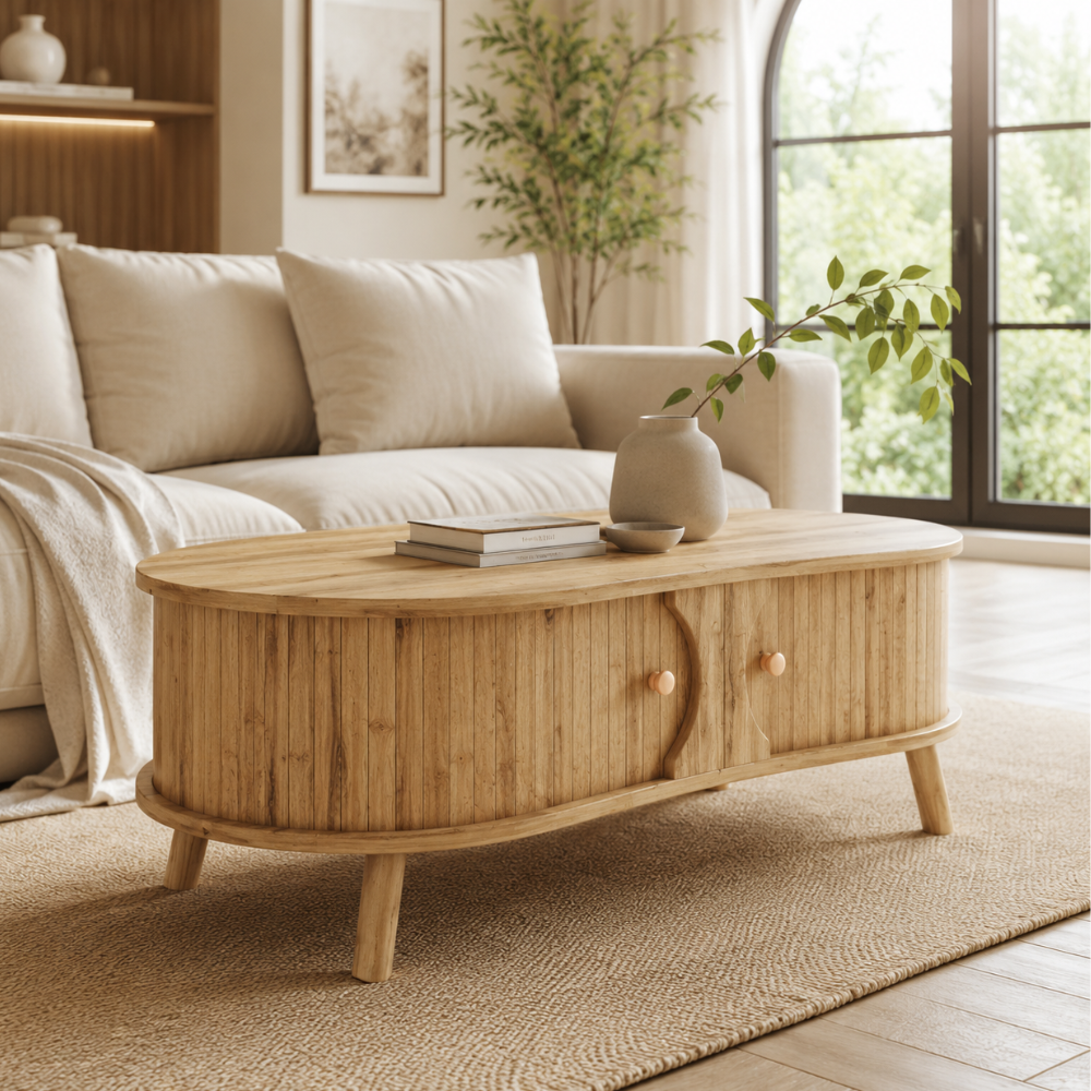 Table basse bois forme organique — portes coulissantes et façade rainurée