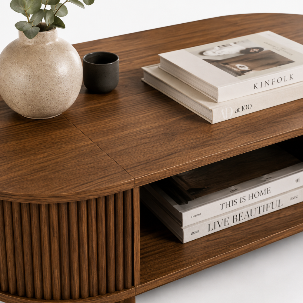 Table basse bois ovale finition noyer — double rangement dissimulé