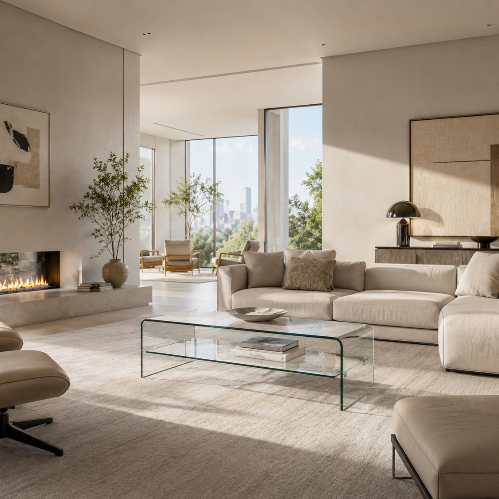 Table basse en verre courbé — design monobloc et étagère transparente