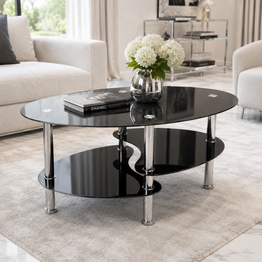 Table basse en verre ovale noir — 3 niveaux et pieds chromés