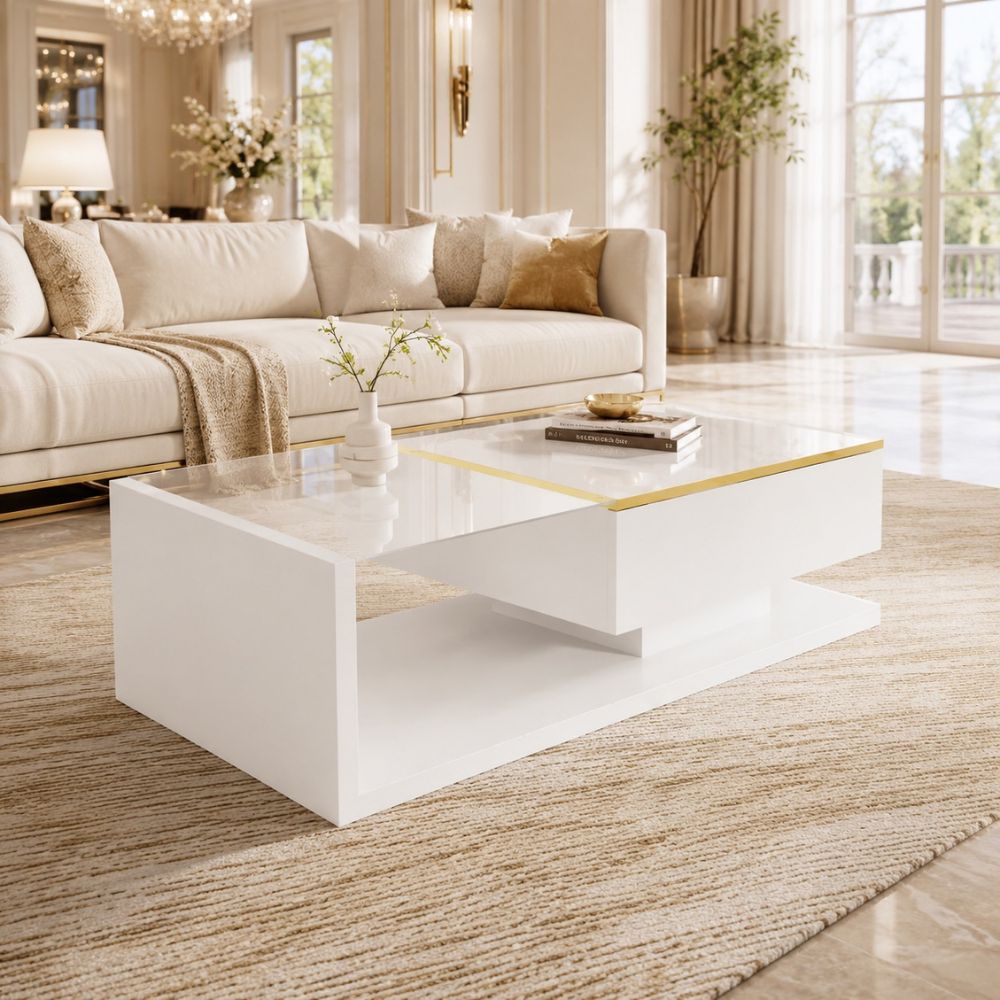 Table basse en verre design LED blanc brillant