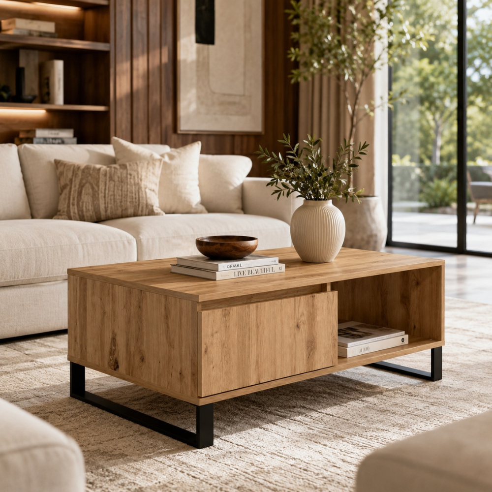 Table basse bois chêne artisan rectangulaire avec étagère 90 cm