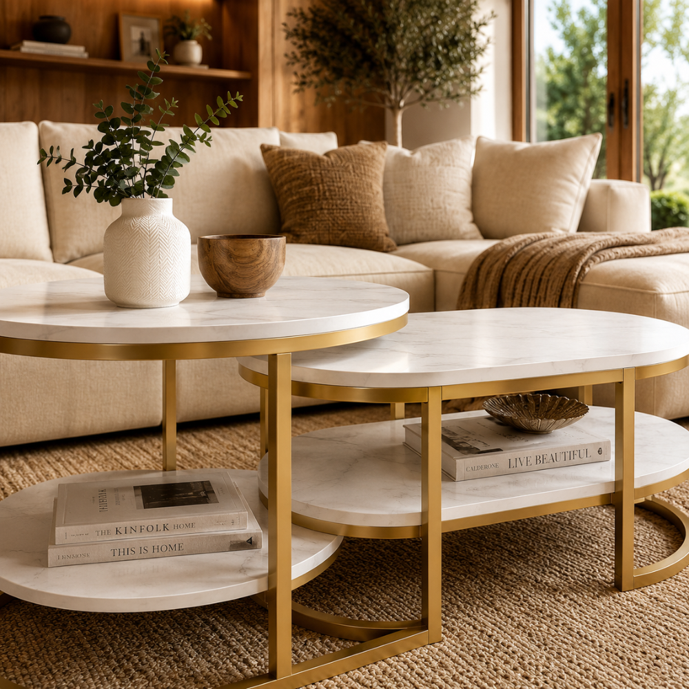Table basse gigogne effet marbre dorée — ovale et ronde, 2-en-1