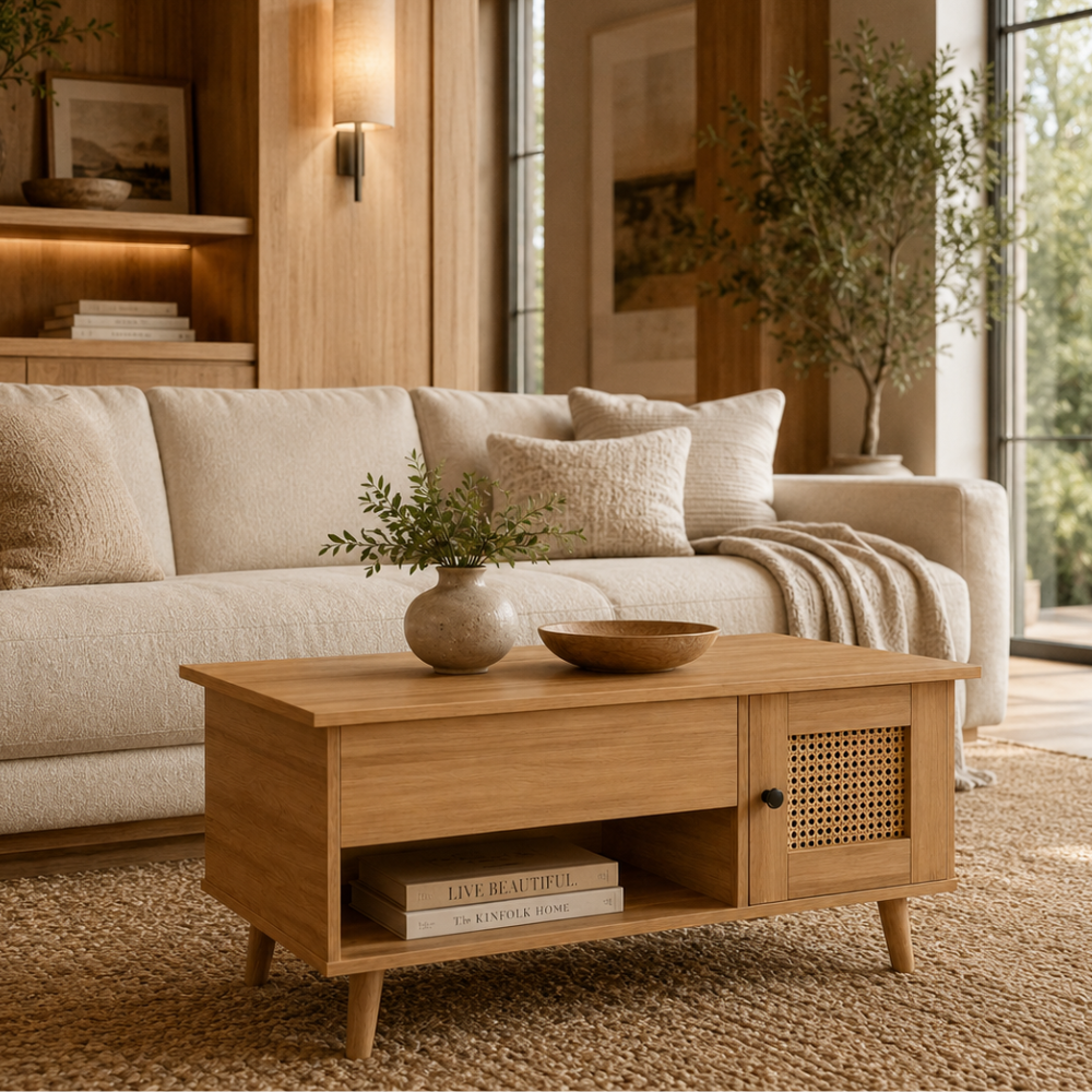 Table basse bois plateau relevable — porte rotin et accents noirs