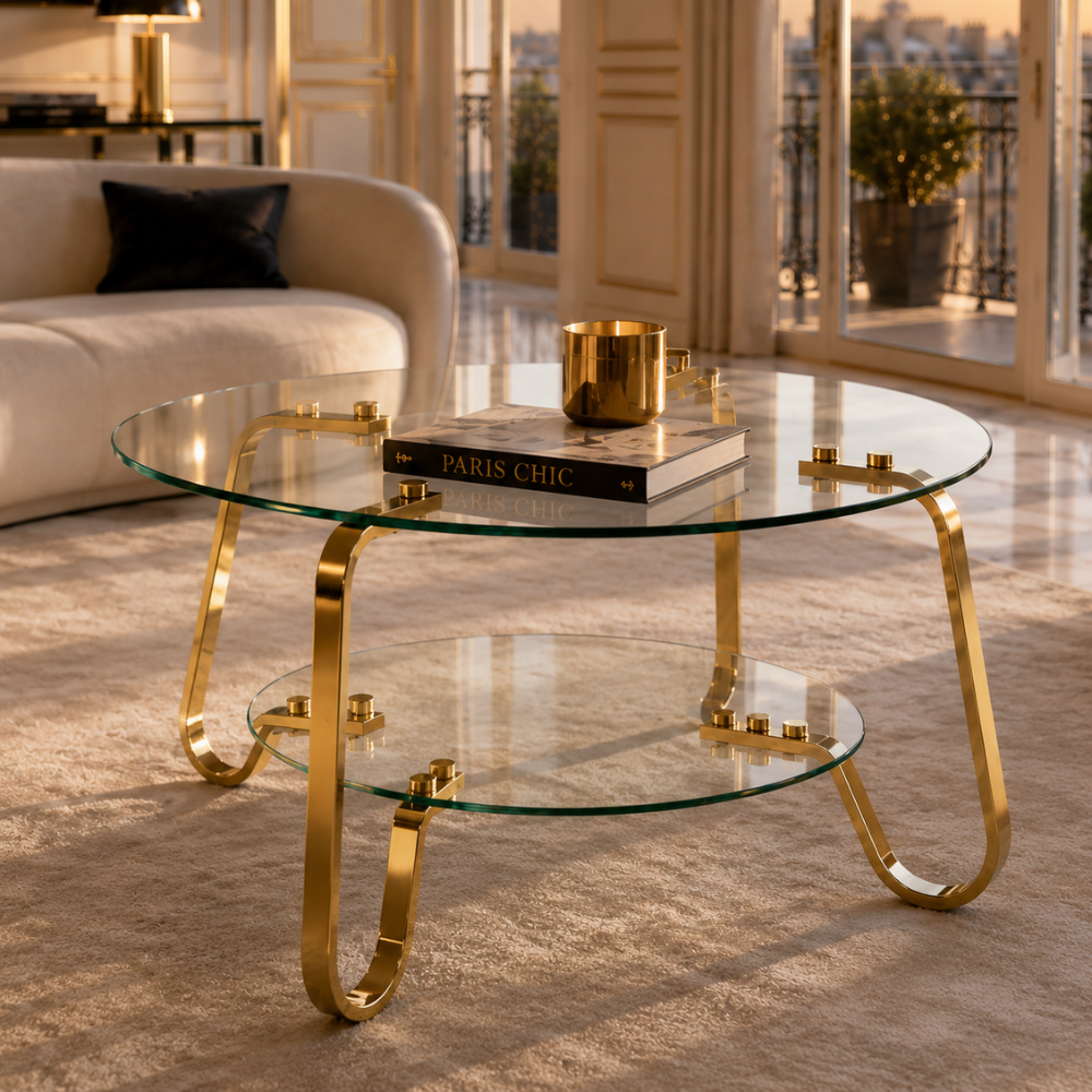 Table basse en verre trempé ronde, pieds dorés – 2 plateaux