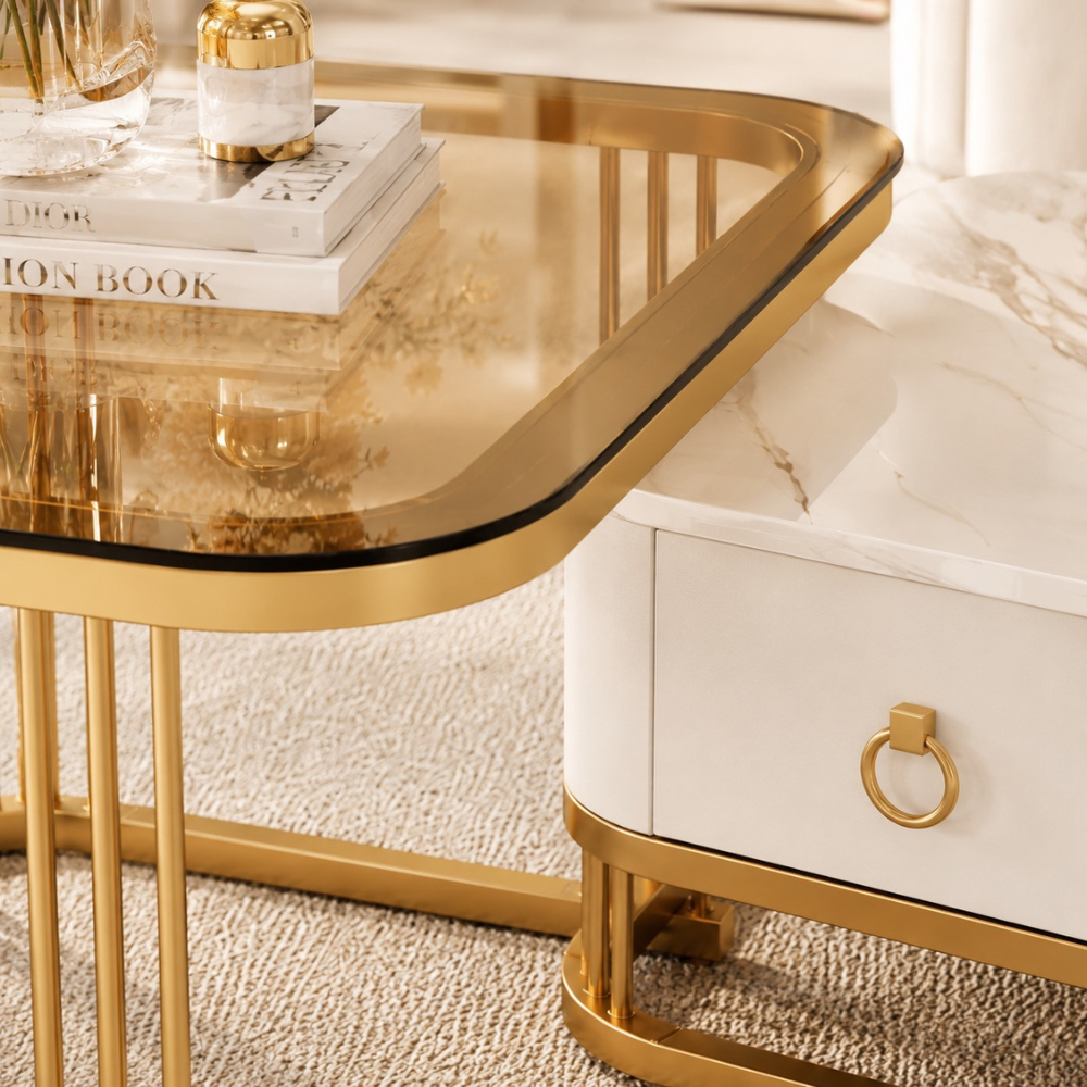 Table basse gigogne en verre et effet marbre carrée dorée 2 pièces