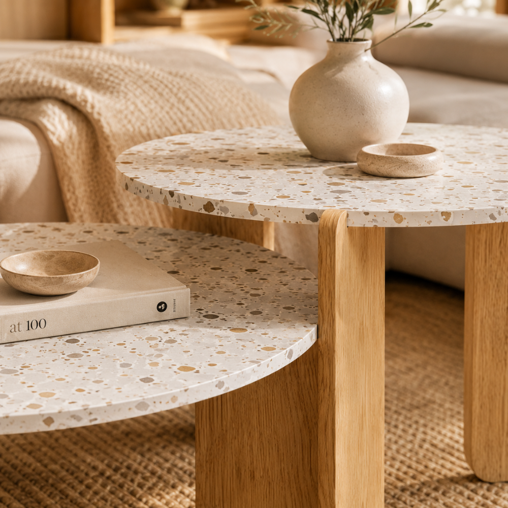 Table basse gigogne ronde effet terrazzo — lot de 2, pieds bois