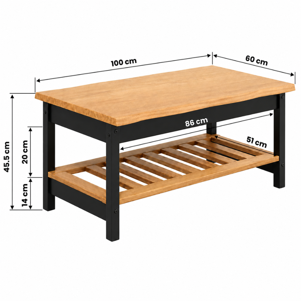 Table basse en bois de pin massif noir avec rangement