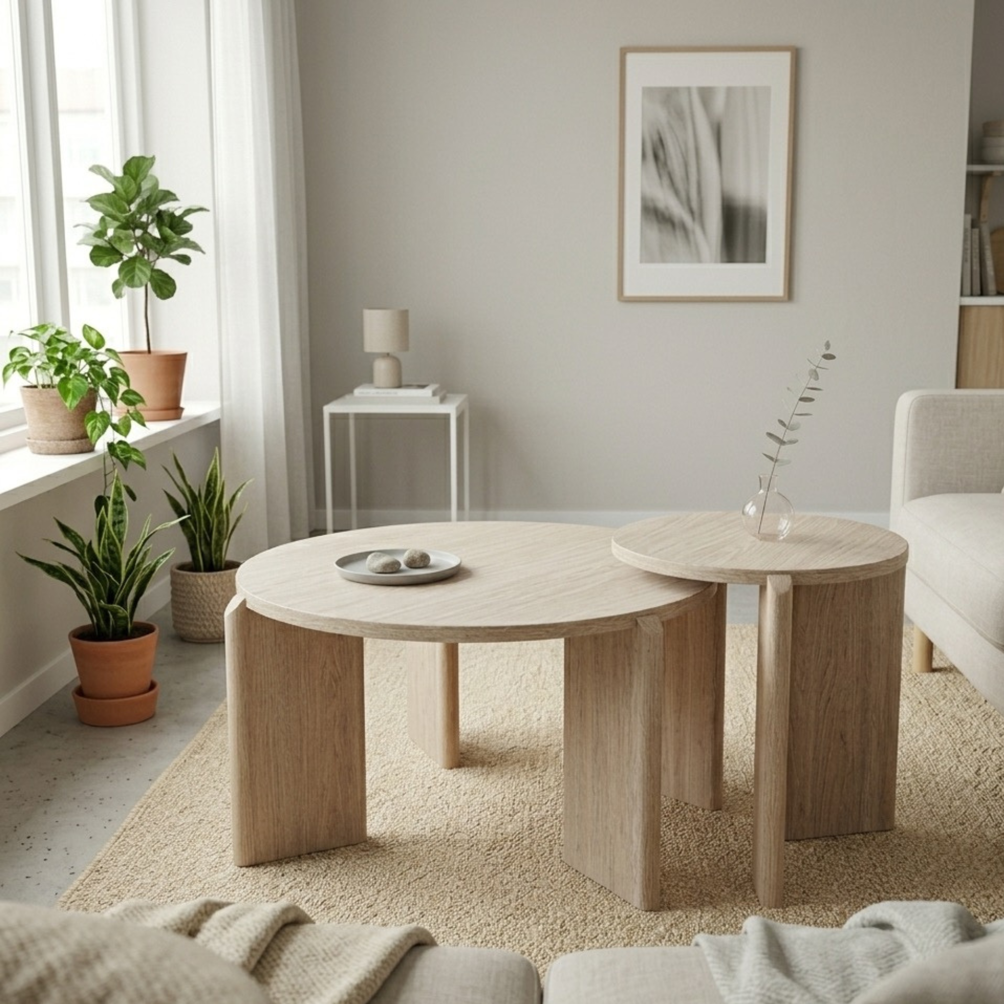 Table basse gigogne effet bois – lot de 2 tables rondes – style nordique