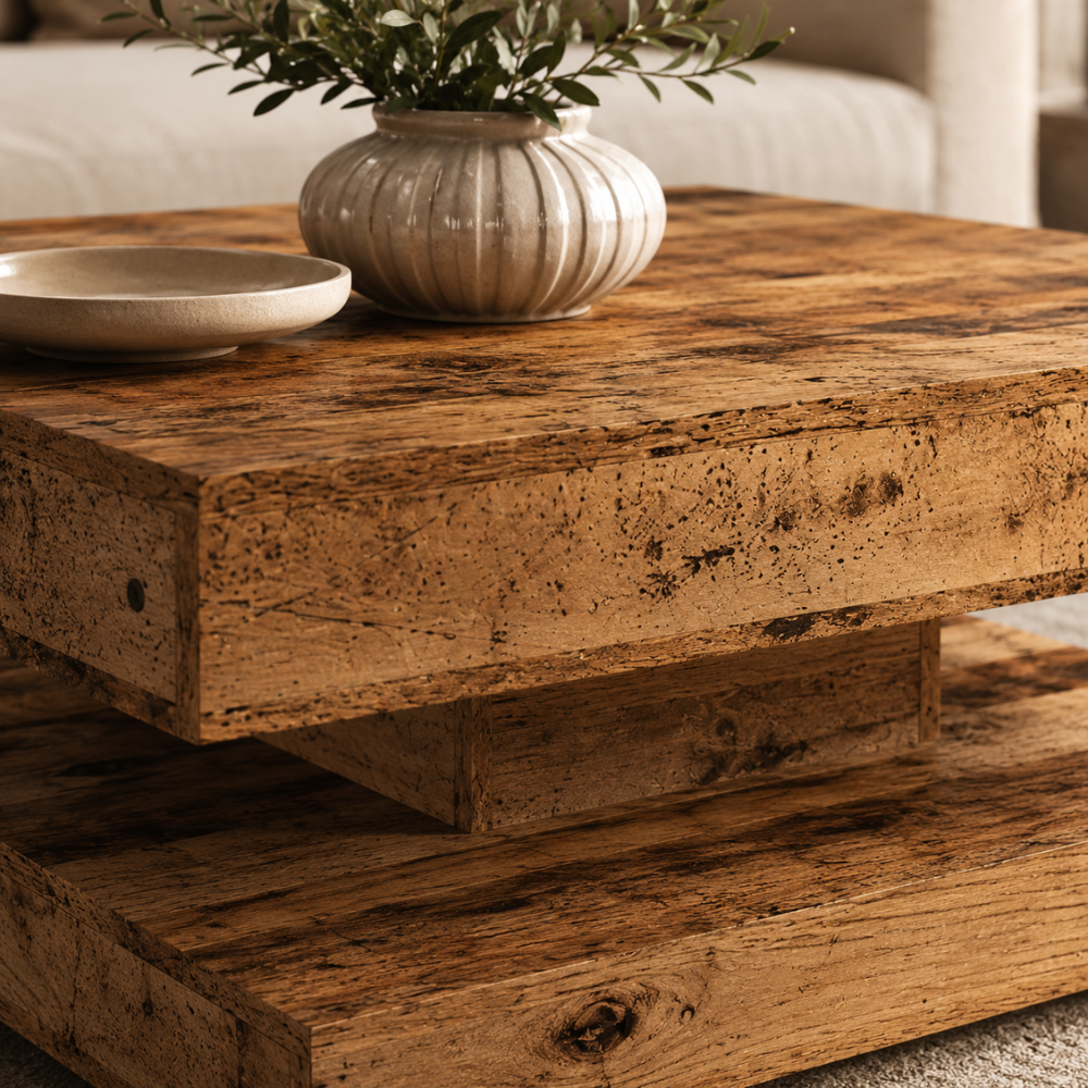 Table basse bois vieilli — plateau rotatif 360 degrés, 70 x 70 cm