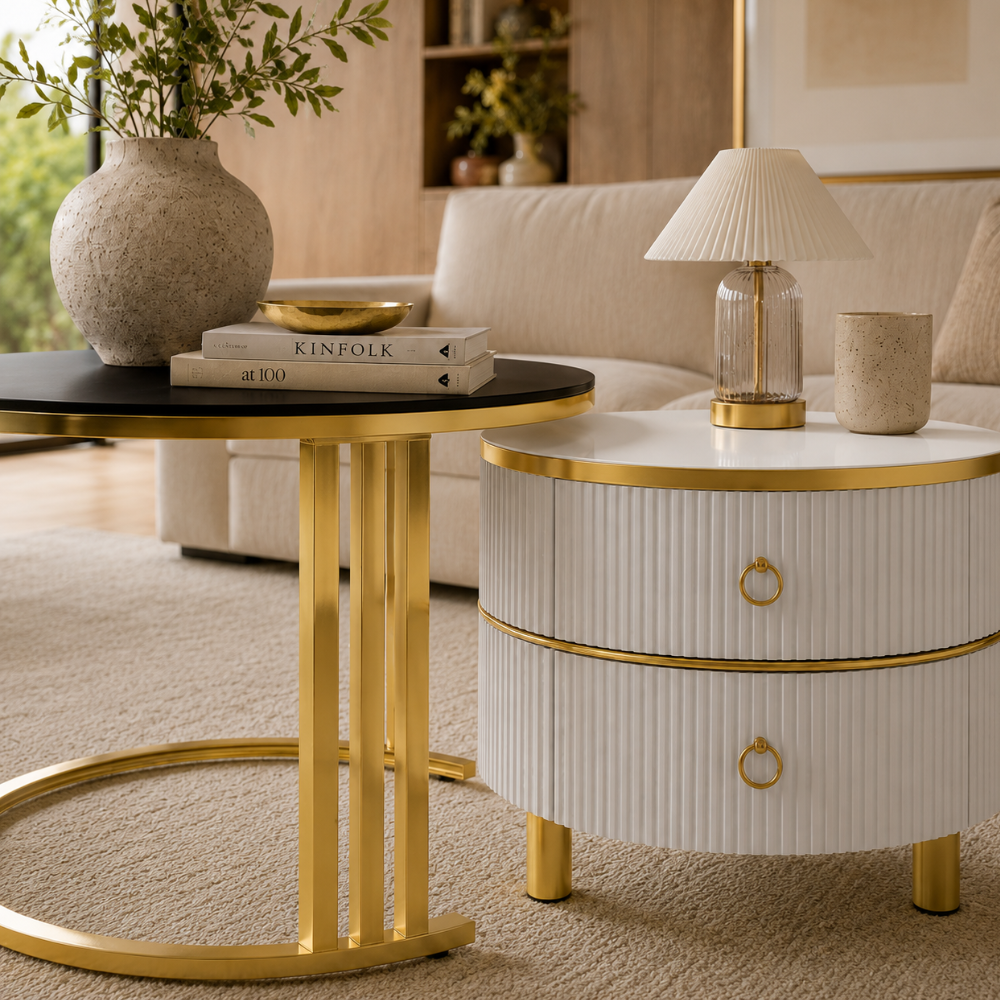 Table basse gigogne en verre trempé ronde 2-en-1 à tiroirs