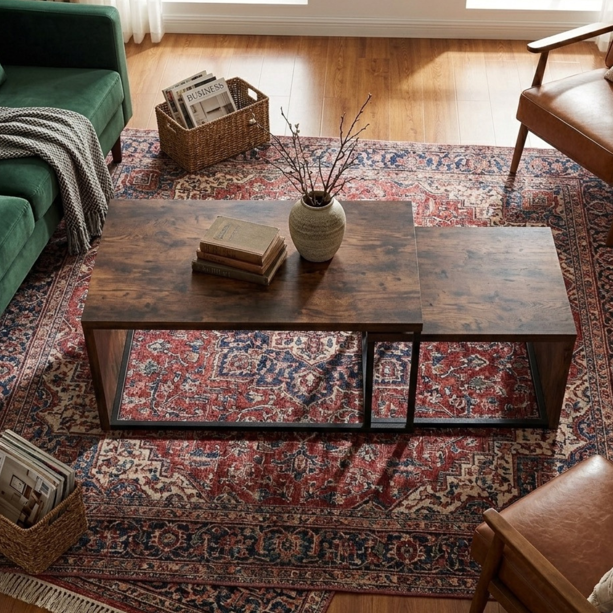 Table basse gigogne rectangulaire effet bois – lot de 2 tables avec structure métal noir