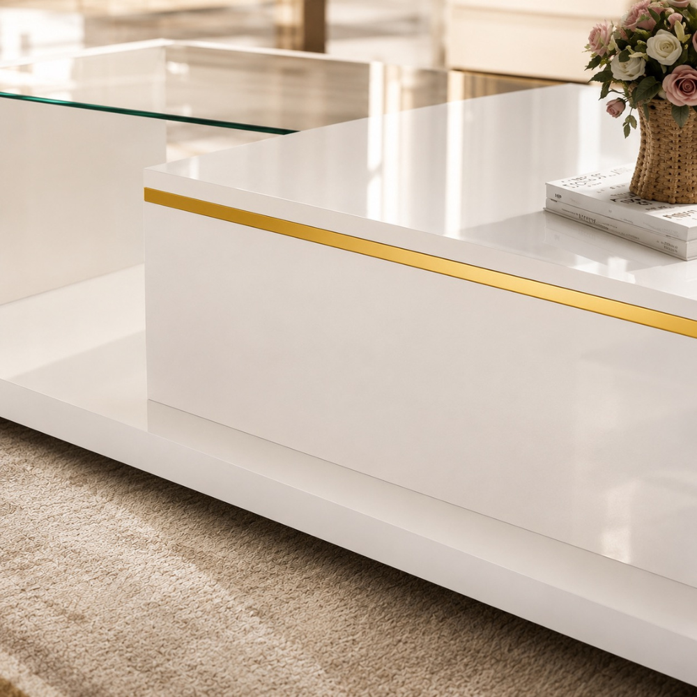 Table basse en verre design LED blanc brillant