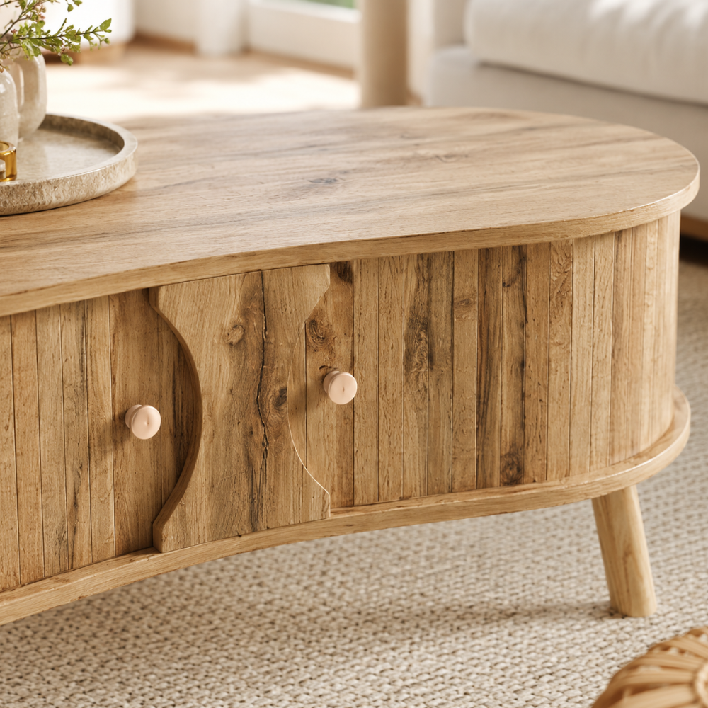 Table basse bois forme organique — portes coulissantes et façade rainurée