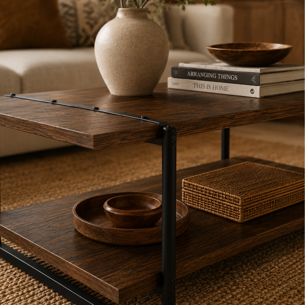 Table basse bois style ferme — plateau à lattes et cadre métal noir