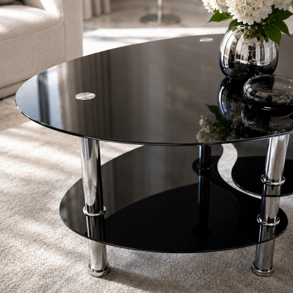 Table basse en verre ovale noir — 3 niveaux et pieds chromés