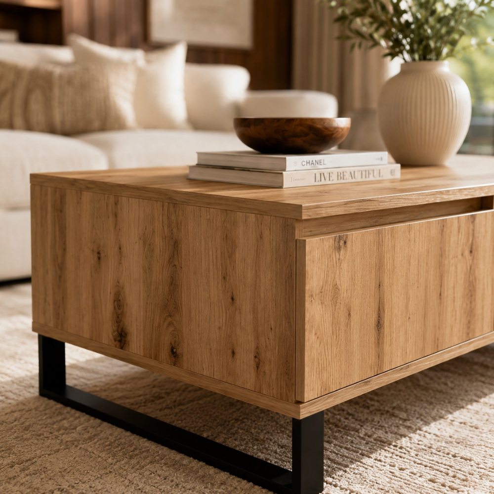 Table basse bois chêne artisan rectangulaire avec étagère 90 cm