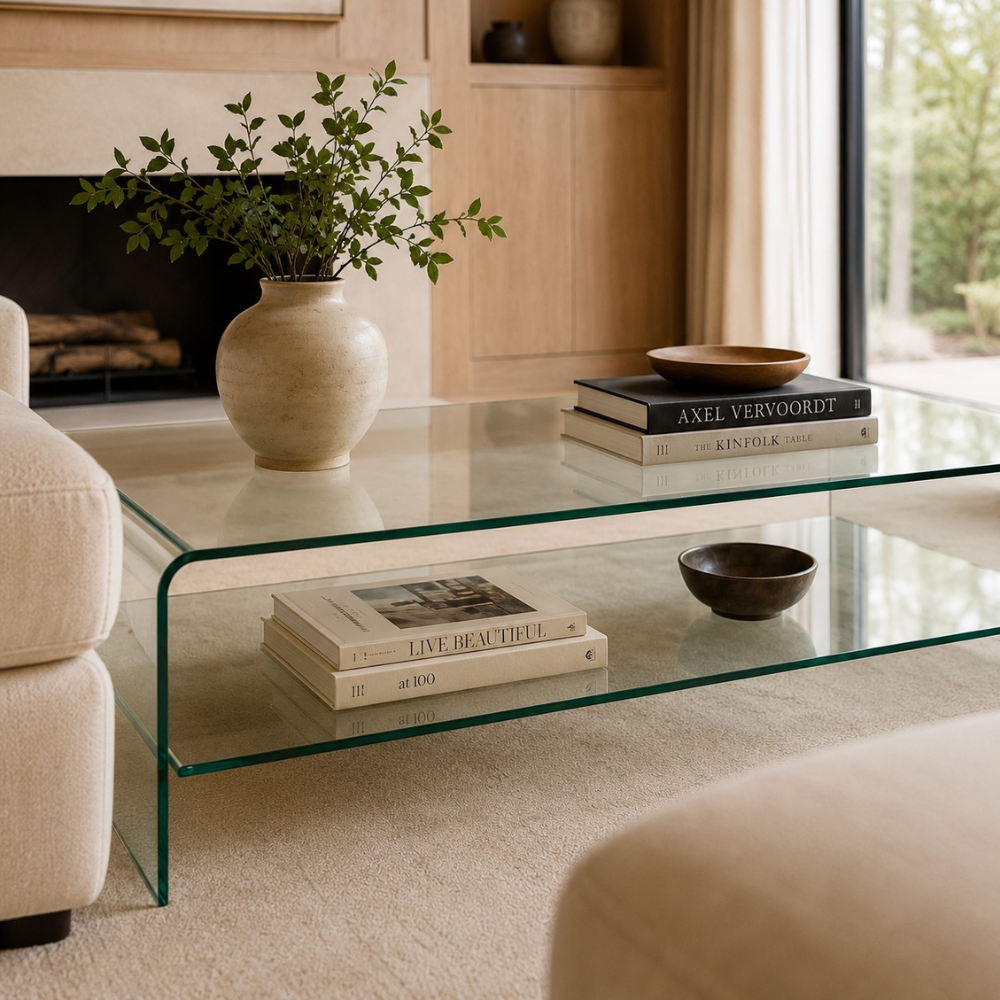 Table basse en verre courbé — design monobloc et étagère transparente