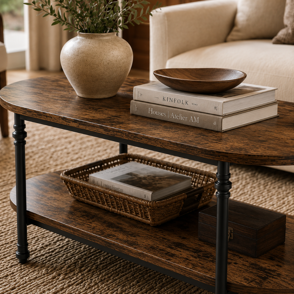 Table basse bois ovale 2 niveaux — pieds colonne en métal noir
