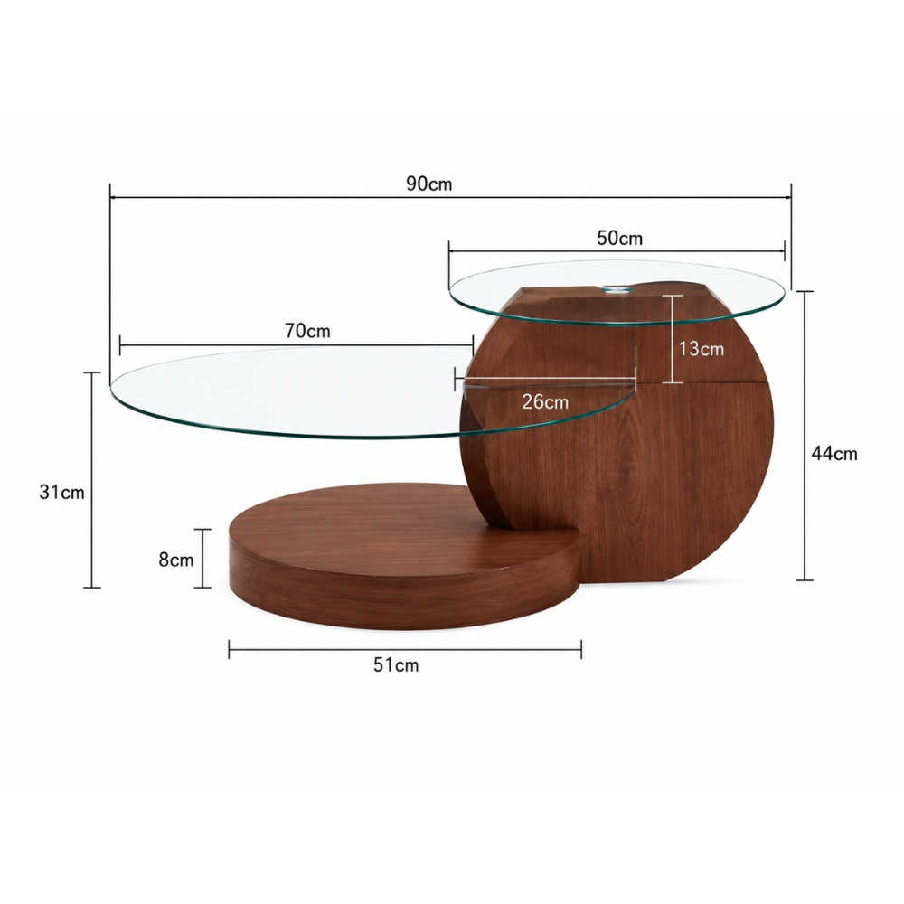 Table basse en verre et bois — 2 plateaux ronds en verre trempé