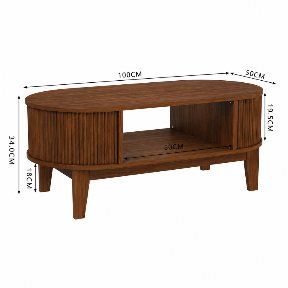 Table basse bois ovale finition noyer — double rangement dissimulé