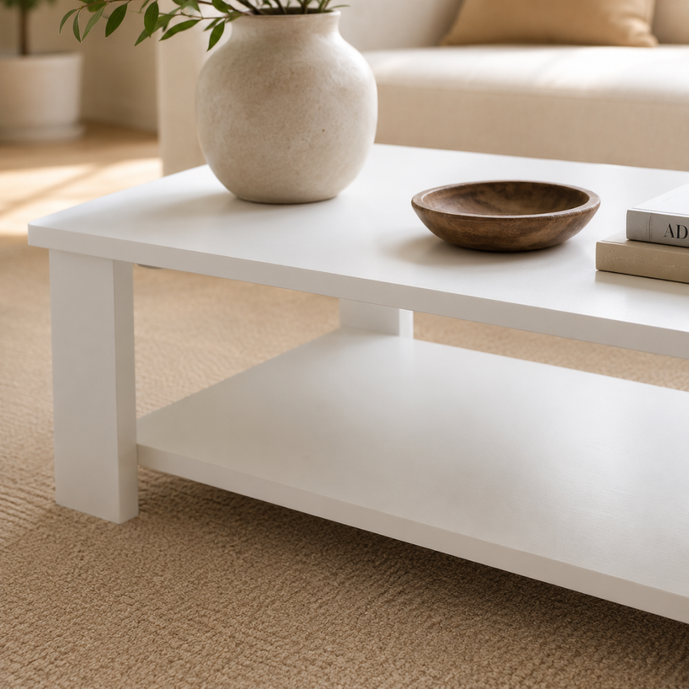 Table basse bois blanche — étagère ouverte 2 niveaux et grain de bois