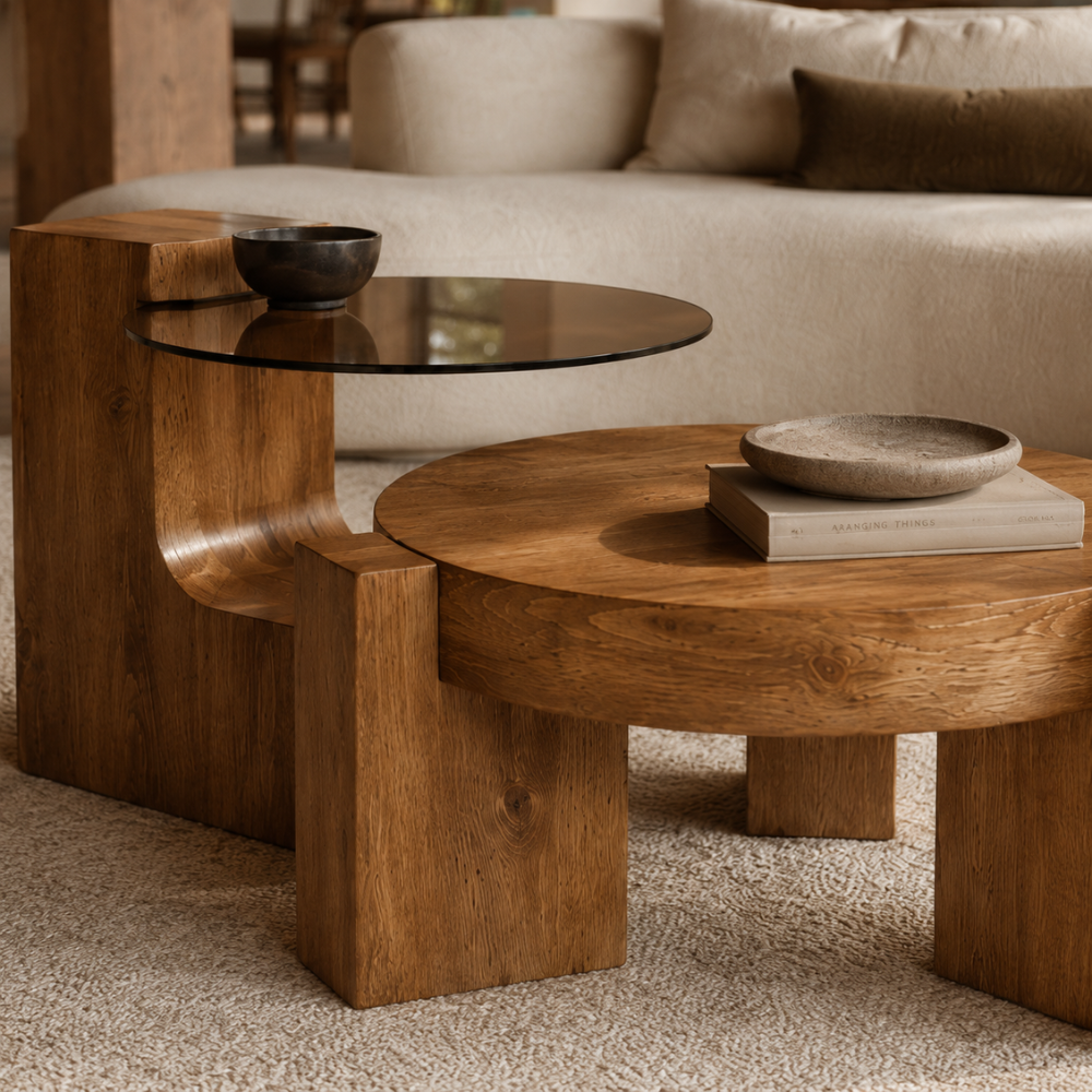 Table basse en verre et bois — ensemble modulable 2 tables, design rond