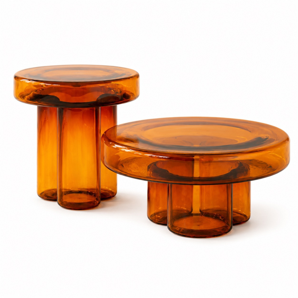 Table basse en verre ronde faite main — design nordique coloré
