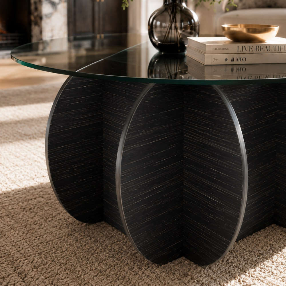 Table basse en verre trempé ronde, base bois massif noir