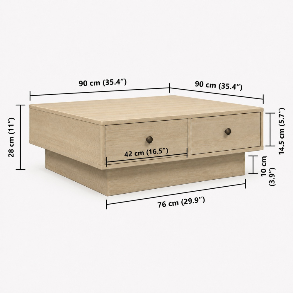 Table basse bois chêne sonoma — plateau carré 90 cm et 2 tiroirs