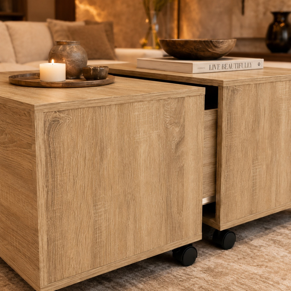 Table basse bois carrée chêne Sonoma — roulettes et rangement 75 cm