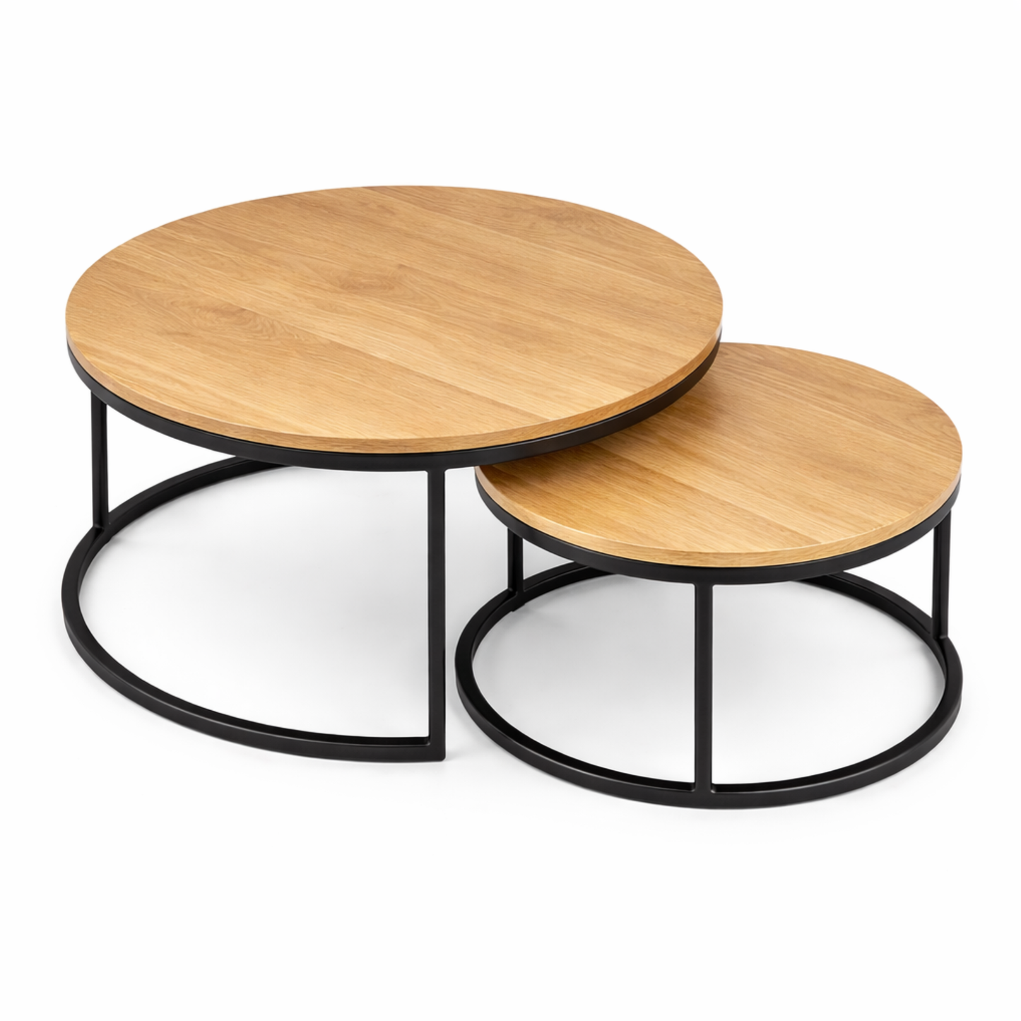Table basse gigogne effet bois – lot de 2 tables rondes – structure métal noir