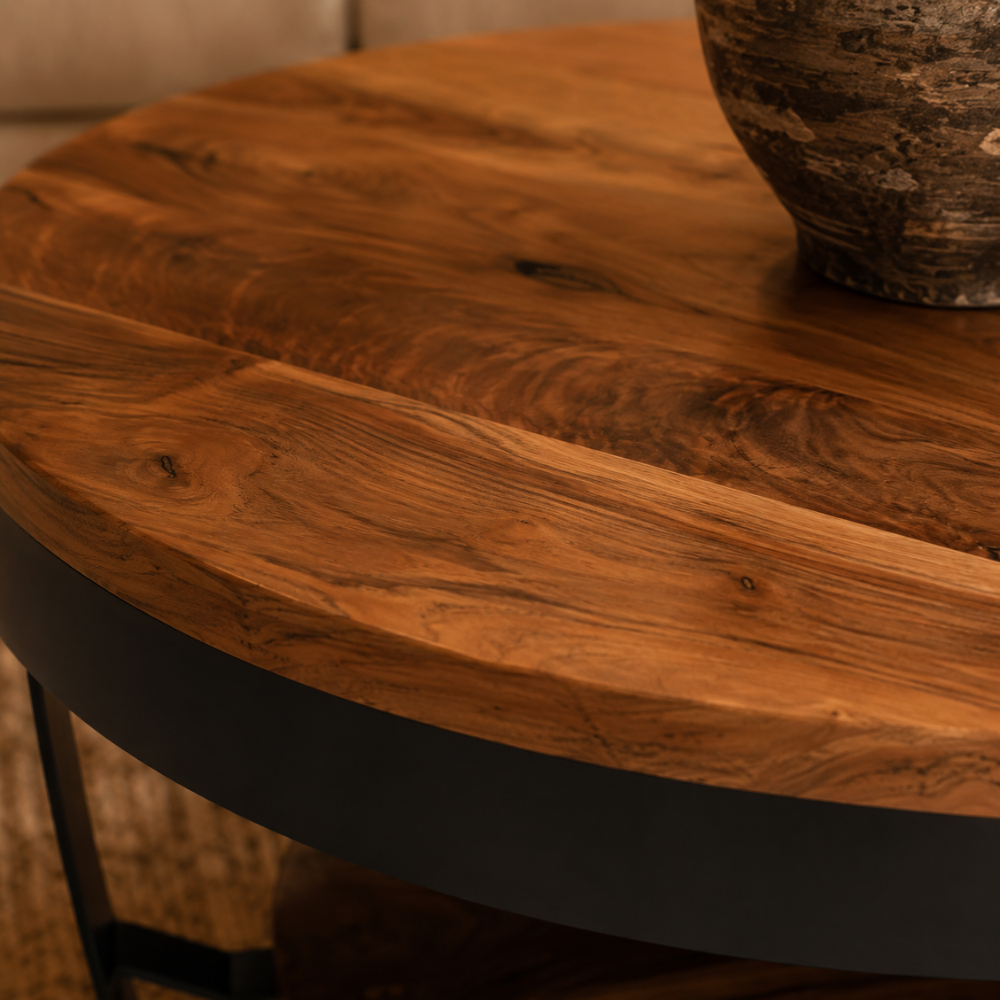 Table basse bois massif d'acacia — plateau rond 65 cm et base acier