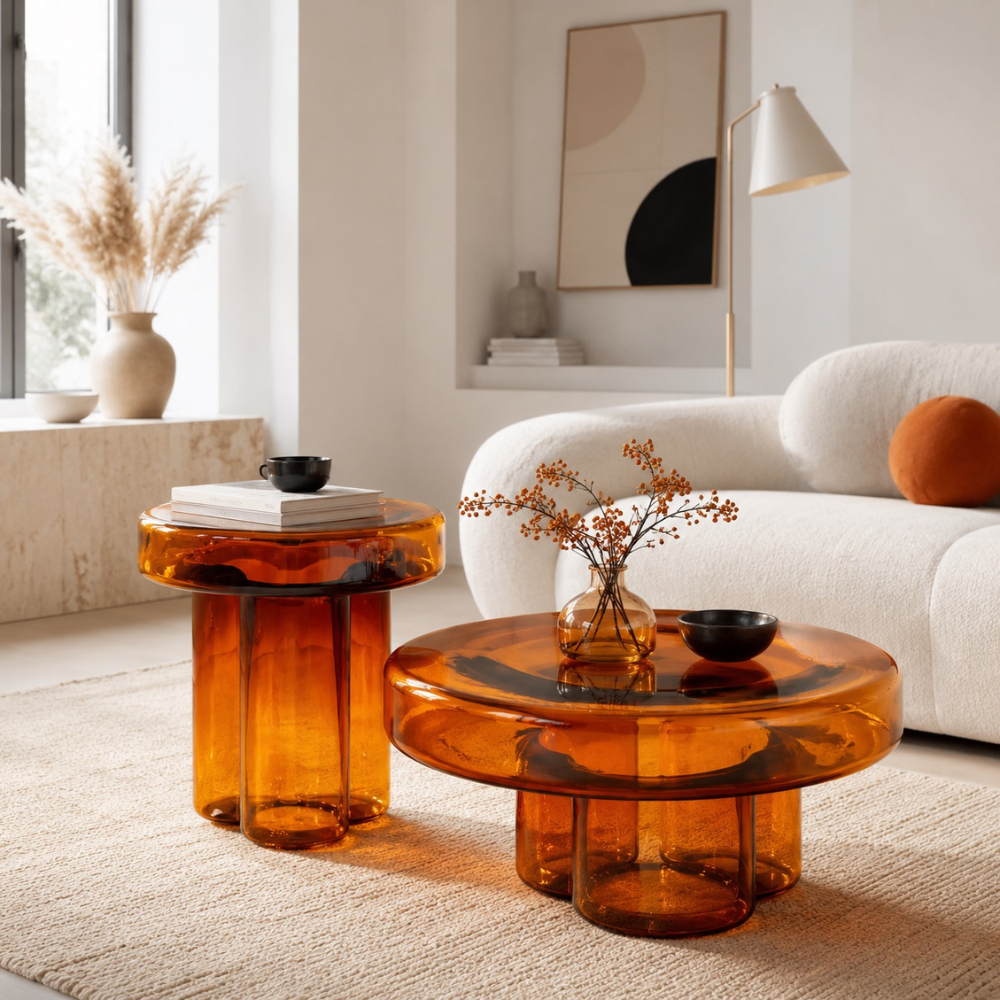 Table basse en verre ronde faite main — design nordique coloré