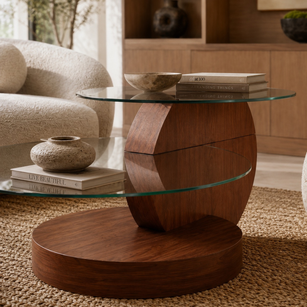 Table basse en verre et bois — 2 plateaux ronds en verre trempé