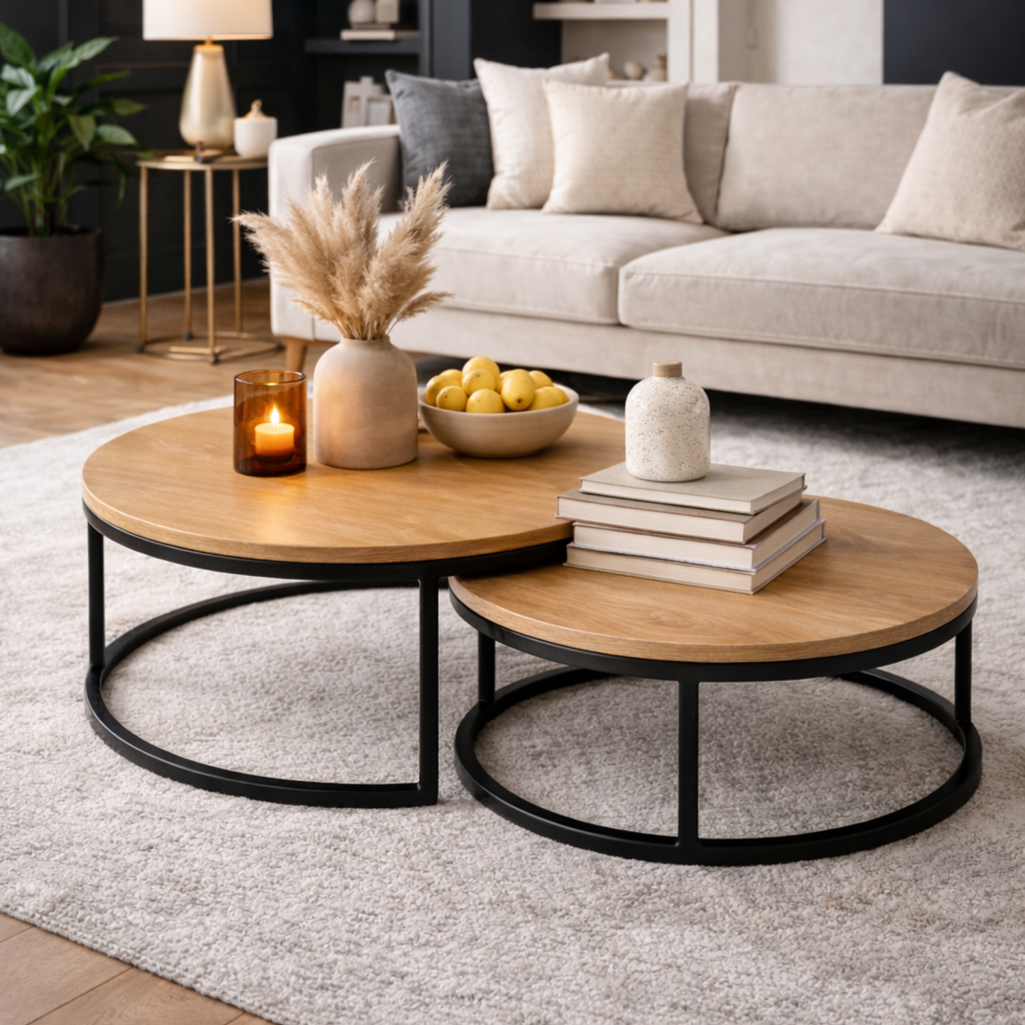 Table basse gigogne effet bois – lot de 2 tables rondes – structure métal noir