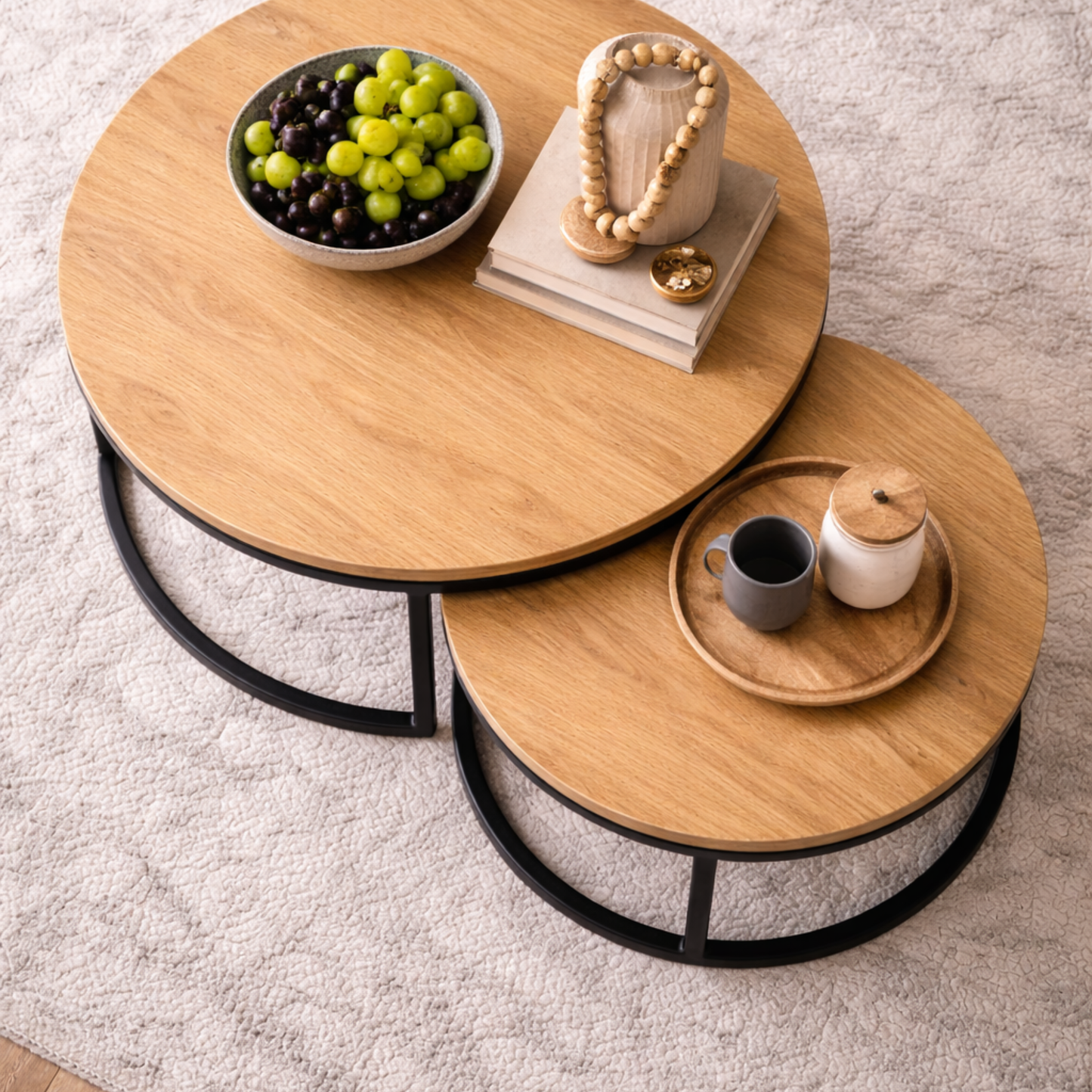 Table basse gigogne effet bois – lot de 2 tables rondes – structure métal noir