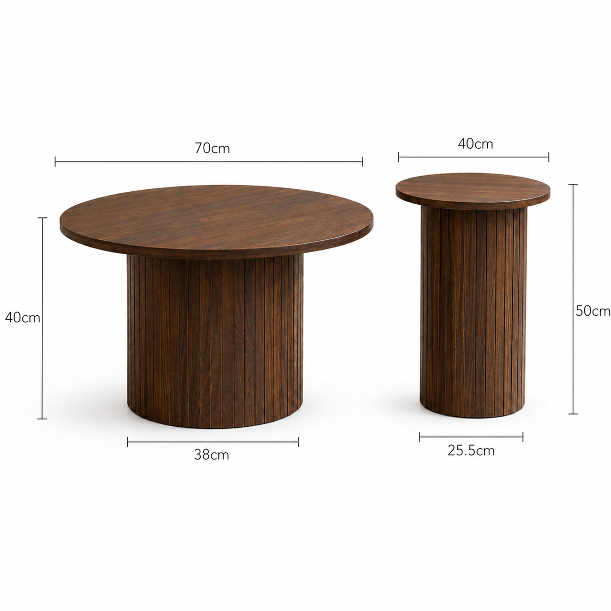 Dimensions de Tables basses gigognes rondes effet bois, colonne rainurée