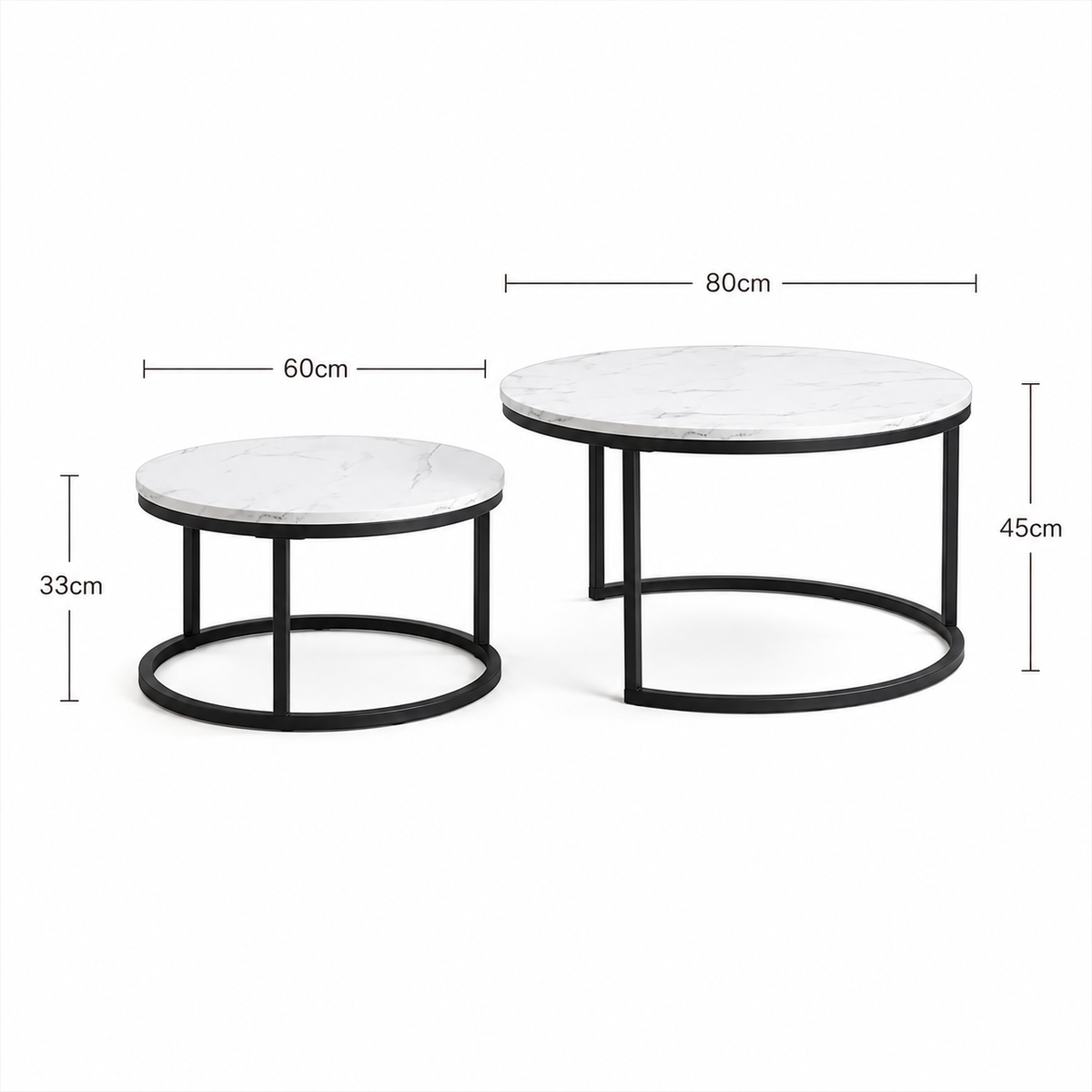 Dimensions de Table basse gigogne ronde effet marbre métal noir