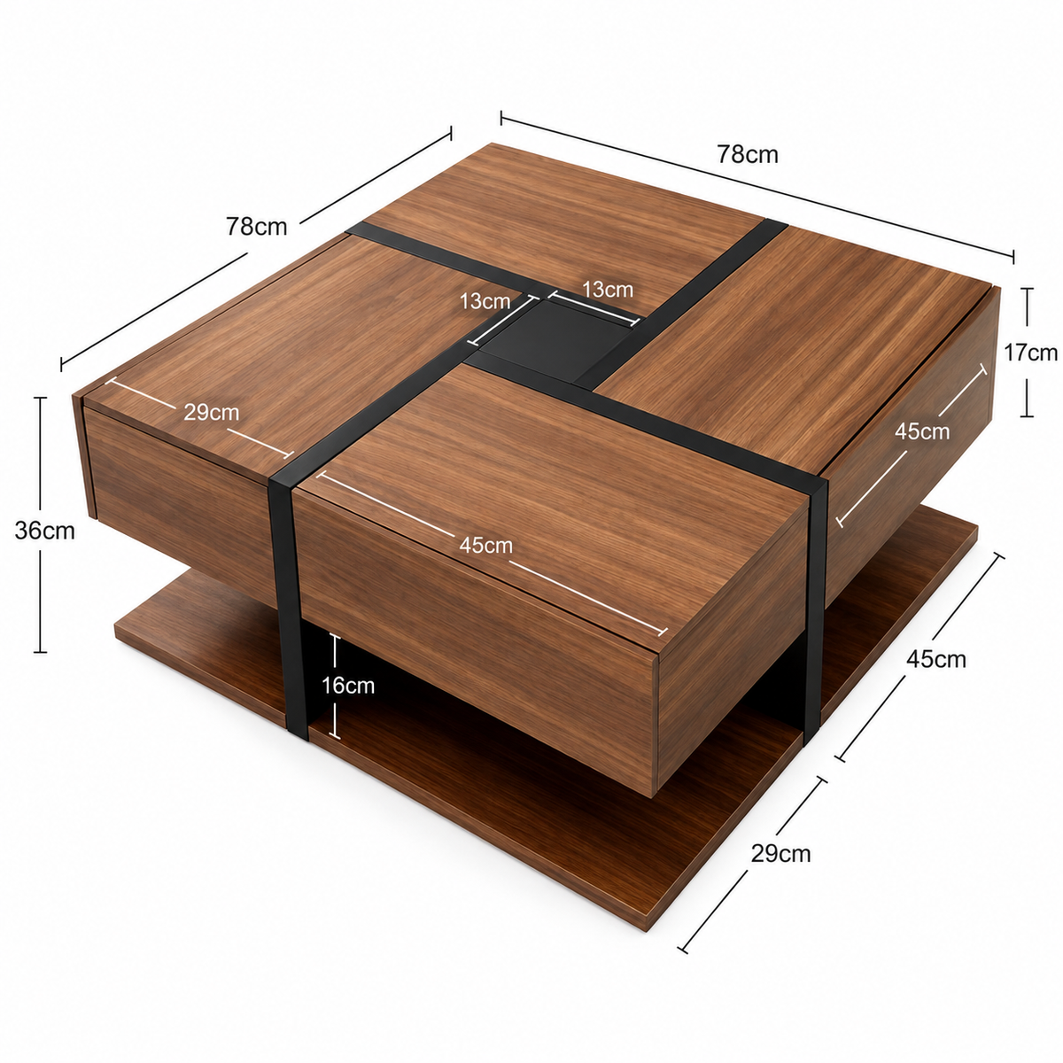 Dimensions de Table basse bois carrée - design géométrique